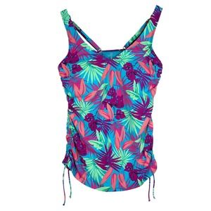 Lands End Tankini Swim Top Tropical Floral Ruched Side Blue Pink Green Womens 10